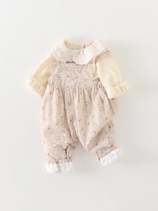 Infant girl's cream long-sleeve tee and floral overall set with sunshine embroidery