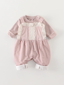 Pink toddler girl long sleeve shirt and floral overall romper with white lace detail