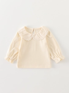 Toddler girl long sleeve beige ribbed top with lace Peter Pan collar and ruffled cuffs