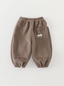 Kids brown joggers with elastic waist and cute cat graphic on the back pocket