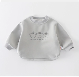 Close-up of baby boy grey sweatshirt with cute three bears print and ribbed cuffs