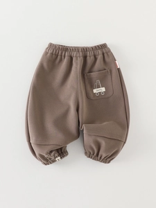 Brown knit joggers for boys featuring elastic high waist and cute cartoon cat print
