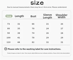 Size chart table for boys long sleeve casual top including length, bust, and sleeve measurements