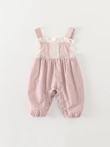 Pink floral cotton baby girl romper with white lace collar and snap buttons