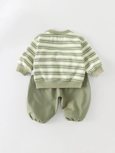 2025 baby boy autumn tracksuit with striped sweatshirt and green harem pants