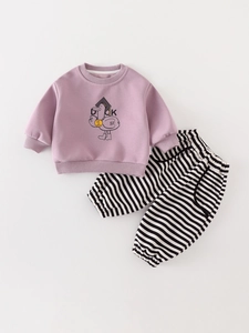 Baby Toddler Autumn Cotton Sweatshirt And Striped Pants Korean Style Cartoon Duck Long Sleeve Outfit For Kids