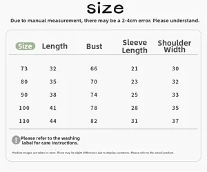 Detailed size chart for kids jacket with measurements for length, chest, and sleeve sizes