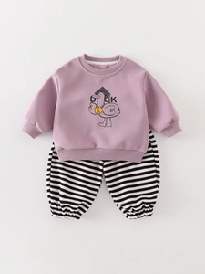Infant two-piece outfit featuring lavender duck sweatshirt and striped jogger pants