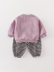 Infant long sleeve purple sweatshirt and striped pants two-piece baby outfit set