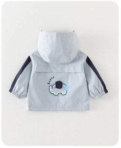 Detail of baby boy windbreaker jacket featuring cute elephant embroidery and happy text