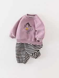 Infant two-piece outfit featuring a lavender duck sweatshirt and striped jogger pants