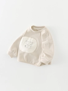 Kids cream crew neck sweatshirt featuring minimalist elephant print and drop shoulder design