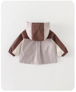 Rear view of color-block windproof hooded jacket for baby boys with elastic cuffs