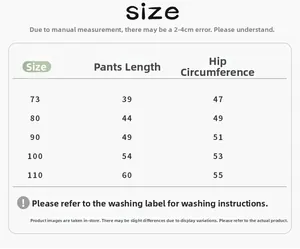Detailed size chart for boys' dark denim pants with measurements from size 73 to 110