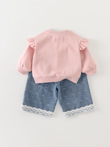Pink ruffle long sleeve top and blue denim shorts with lace trim for baby girls