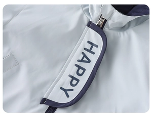 Detail of light blue windbreaker collar showing high-quality zipper and HAPPY lettering