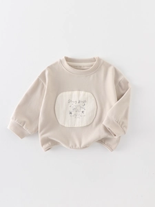 Kids long sleeve beige sweatshirt featuring a minimalist black elephant and Stray Birds print