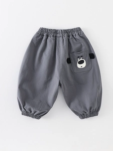 Toddler boys casual grey cotton joggers with cute cartoon dog embroidery on the back pocket