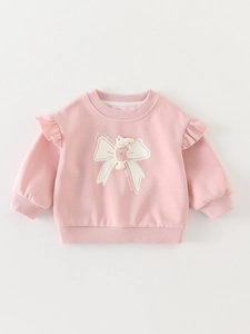 Pink long-sleeve sweatshirt for baby girls with cute plush rabbit and bow decoration
