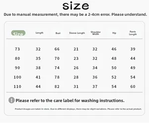 Detailed size chart for baby boys' casual sweatshirt set with measurements from 73 to 110
