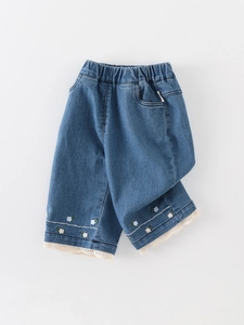 Jeans in Denim con Margherite Ricamate per Bambina Con Bordo in Pizzo Vita Elastica Misto Cotone Pantaloni Casual Autunno Blu
