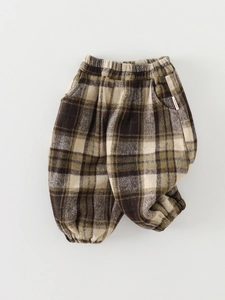 Pantalon Harem à Carreaux pour Enfants Rétro Décontracté Garçons Filles Automne Hiver Taille Élastique Mélange de Coton