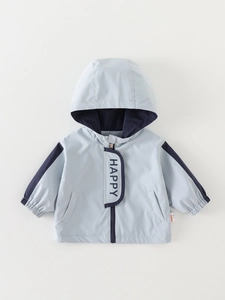Baby Boys Hooded Windbreaker Jacket Contrast Color Letter Print Cartoon Elephant Lightweight Polyester Autumn Outerwear Coat