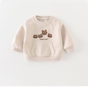 Detail of beige cotton baby sweatshirt with cute bear print and Lucky You text design