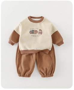 Toddler casual two-piece tracksuit with round neck sweatshirt and matching jogger pants