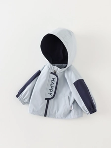 Kids grey and navy hooded windbreaker jacket with Happy print for boys casual wear