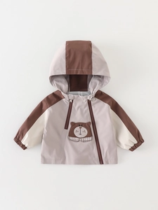 Toddler Boy Autumn Winter Polyester Color Block Hooded Windbreaker Jacket Cartoon Bear Slanted Zipper Outerwear For Kids
