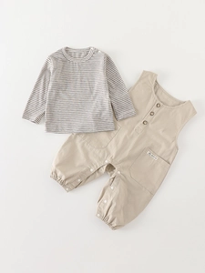 Baby Boy Girl Cotton Striped Long Sleeve T-Shirt And Overall Romper Two Piece Set Soft Autumn Casual Outfit