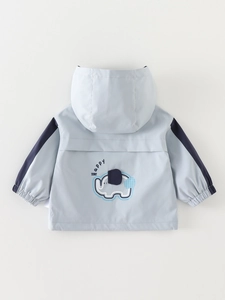 Toddler boys light blue windproof hooded jacket with cute cartoon elephant back print