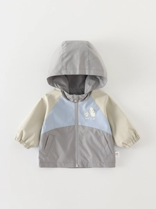 Coupe-vent à Capuche pour Enfants Garçons Bloc de Couleur Imprimé Ours de Dessin Animé Manteau Zippé Automne Vêtements d'Extérieur
