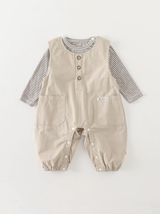 Baby two-piece outfit featuring a striped long-sleeve tee and beige cotton overalls