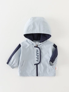 Kids hooded windbreaker jacket in light blue and navy contrast with HAPPY print