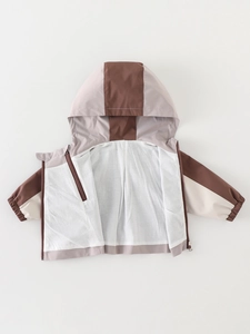 Toddler boys hooded windbreaker with beige and brown geometric color block design