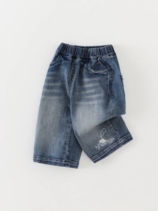 Boys Korean Style Casual Denim Jeans Cotton Blend Printed Toddler Soft Washed Blue Trousers Elastic Waist Daily Pants For Kids