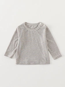Infant long sleeve striped bodysuit with shoulder buttons and soft cotton knit fabric