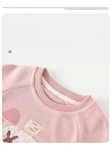 Close-up of pink crewneck sweatshirt with ribbed collar and cute rabbit graphic print