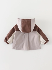 Toddler boy's hooded windbreaker jacket with three-color patchwork design, back view