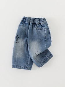 Toddler Baby Boys Denim Pants Cotton Blend Soft Washed Jeans With Bear Pattern Letter Embroidery Casual Trousers For Kids