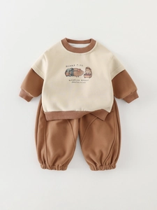 Baby two-piece casual set featuring beige sweatshirt with brown sleeves and matching pants