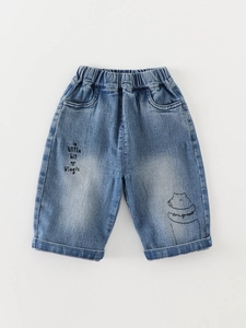 Classic blue washed denim jeans for boys with cute cartoon bear and elastic waist details