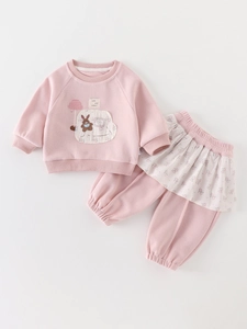 Toddler Girls Korean Style Pink Sweatshirt And Long Pants With Cute Rabbit Pattern Soft Autumn Clothing Toddler Outfit