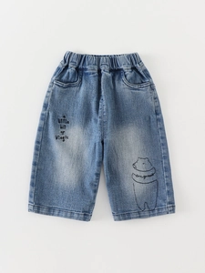 Kids minimalist blue denim jeans with elastic waist and cute bear embroidery pattern