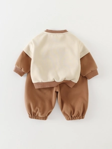 Toddler casual beige sweatshirt and brown pants set made of soft knit cotton fabric