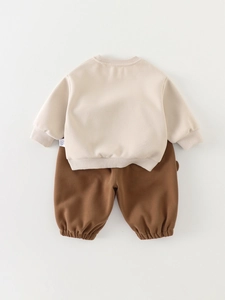 Kids long sleeve cream sweatshirt and brown casual pants two-piece cotton set