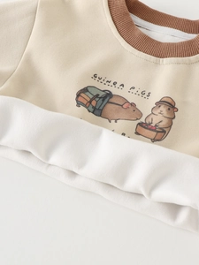 Two-piece baby boy casual crewneck sweatshirt set with beige guinea pig cartoon print