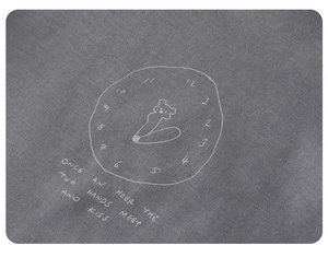Close-up of dark grey cotton knit fabric with minimalist white clock graphic and text